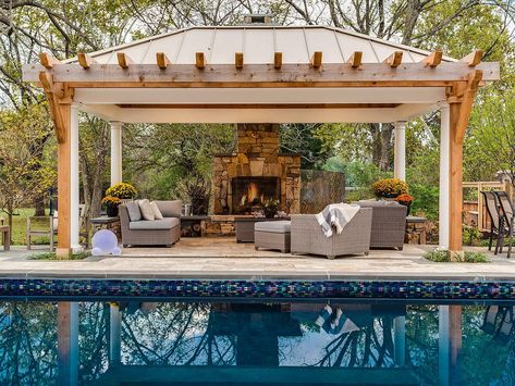 Considering the Cost of Installing a Pool in Ashburn, Aldie, and Leesburg, VA Backyard Pool Design, Pool Pergola, Inground Pool Landscaping, Pool Cabanas, Cheap Pool, Pool Pavilion, Backyard Fireplace, Outdoor Buildings, Outdoor Living Design