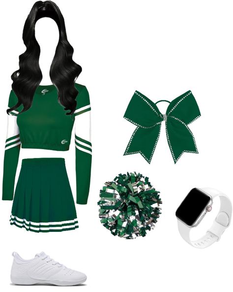 Cheap Green Tops For Cheerleading, Slytherin Cheerleader, Green Cheerleading Outfits, Dark Green Cheer Uniform, Green Cheer Uniforms, Green And White Cheerleading Uniform, Harry Potter Uniform, Cheerleader Costume, Cheer Uniform