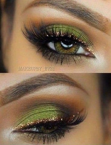 Gold Glitter Eyeliner, Green Smokey Eye, Pretty Eye Makeup, Makeup Looks For Green Eyes, Gold Eye Makeup, Smink Inspiration, Hooded Eye Makeup, Glitter Eyeliner, Beautiful Eye Makeup