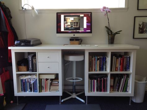 I’ve been using my desk for a number of months now and am very happy with it. I have lots of desktop space for my scanner, books, papers, or... Kallax Desk, Ikea Standing Desk, Linnmon Table Top, Ikea Farmhouse, Diy Standing Desk, Ikea Kallax Shelf, Ikea Desk Hack, Diy Computer Desk, Desk Hacks