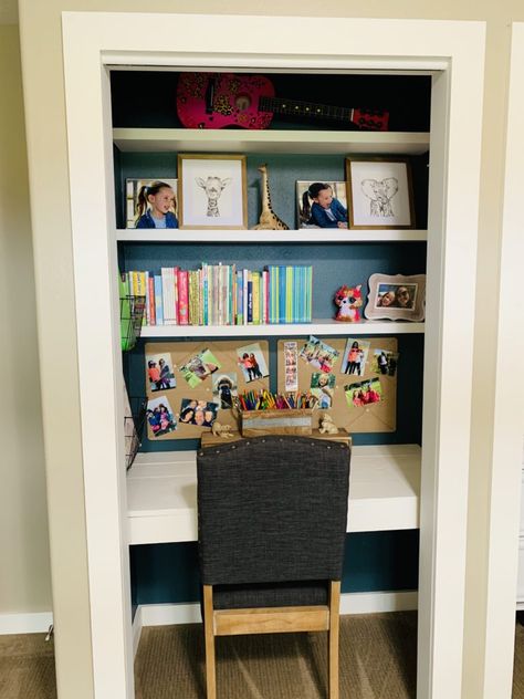 Repurpose Closet Space, Closet Turned Into Library, Closet Into Bookshelves, Kids Cupboard, Closet Alternatives, Cubby Wall, Converted Closet, Reading Nook Closet, Closet Desk