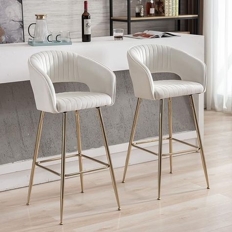 Amazon.com - QUINJAY 30" Cream Gold Bar Stools Set of 2, Velvet Upholstered High Dining Chairs with Tufted Back, Modern Kitchen Island Bar stools with Footrest Comfy Bar Stools for Kitchen Dining Room Home Pub - Chairs High Chairs For Kitchen Island, Phoenix Apartment, Kitchen Island Chair, Kitchen High Chairs, Kitchen Island Bar Stools, White Kitchen Stools, White Marble Kitchen Island, Kitchen Island Chairs, Comfy Bar Stools