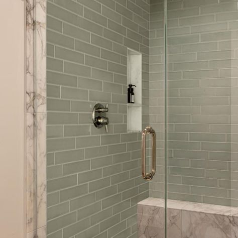 Guest Bathroom With Pale Green Tiles | HGTV Pale Green Bathroom Tiles, Light Green Tile Shower Ideas, Light Green Shower Tile, Sage Shower Tile, Sage Tile Bathroom, Light Green Tile Bathroom, Green Beadboard Bathroom, Pale Green Bathroom, Green Guest Bathroom