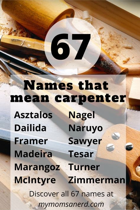 Names that mean carpenter, woodworker, and lumberjack for baby boys and girls. Perfect for craftsmen. Includes first and last names. #names #babynames #babygirl #babyboy #writing #characters #namesthatmean First And Last Names, Boy Name Meanings, Portuguese Words, German Names, Nerdy Baby, Find Name, Character Name Ideas, Baby Name Ideas