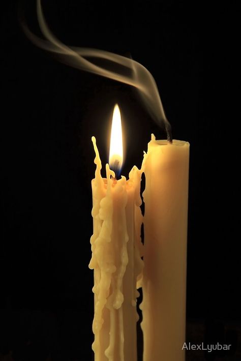 The Extinguished Candle  by AlexLyubar. Two  candles on a black background, one is extinguished the second is burning and wax tears flow from it #AlexLyubarFineArtPhotography Extinguished Candle, Candle Photography Dark, Candles Photography, Dripping Candles, Candle Canvas, Candle Glow, Candle Aesthetic, Candle Art, Candle Flames