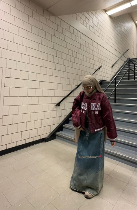 #streetstyle #streetwear #modest #aesthetic #hijab #inspo #itgirl #uni #glasses #denimskirt #jeanskirt #pufferjacket #varsityjacket #bomberjacket #fashion #collegefits #casual #cool #maroon #beige #stargirl #fall #outfitideas #instafashion #influencer #fashionicon #hijabi #muslim #islam #western #modern #uk #london #metro #nyc #paris #osaka #osakajapan Hijabi Streetwear Fashion, Modest Streetwear Fashion, Bomberjacket Streetstyle, Streetwear Hijab, Muslim Streetwear, Hijabi Streetwear, Metro Nyc, Modest Streetwear, Modest Aesthetic