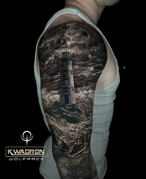 Partly Healed Black and Gray Photo Realism Lighthouse Tattoo For @dannyhromada . Thank you so much for your patience and trust my Friend . “A lighthouse doesn’t save the ships; it doesn’t go out and rescue them, it’s just this pillar that helps to guide people home.” – Lea Michele . Artist: https://m.facebook.com/EtgarOak https://www.instagram.com/etgaroak/ . Tattoo was don in two sessions 16h total . Tattoo was done using @bishoprotary power wand tattoo machine with @criticaltattoosupply b... Gray Photo, Photo Realism, Wand Tattoo, Lighthouse Tattoo, Lea Michele, Friend Tattoos, Tattoo Work, Tattoo Machine, Black And Gray