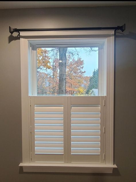 Diy Inside Window Shutters, Bathroom Shutter Ideas, Faux Shutters Indoor, Half Shutters Interior Window, Indoor Shutters For Windows, Shutters Decor Living Room, White Shutters Interior, Window Shutters Inside, Indoor Window Shutters