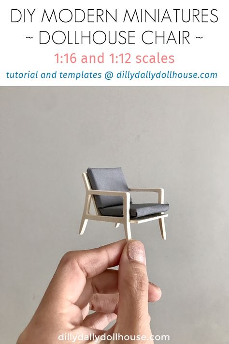 Free Cricut/SVG files to make this modern dollhouse chair in 1:12 and 1:16 Lundby scales | DIY modern miniatures | dillydallydollhouse.com 1/16 Dollhouse Furniture, How To Make A Miniature Chair, Cricut Miniatures Svg, Diy Dollhouse Chair, 1 12 Scale Miniatures Diy How To Make, Miniature Houses Diy How To Make, 1 12 Scale Miniatures Diy, Miniature Furniture Diy, Dollhouse Furniture Tutorials