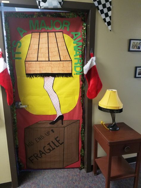 Christmas Story Window Display, Christmas Story Leg Lamp Door Decoration, Leg Lamp Door Decoration, Funny Christmas Door Ideas For Work, A Christmas Story Door Decoration, Christmas Story Door Decorating Contest, Office Christmas Door Decorations, Christmas Vacation Door Decorations, Office Christmas Door