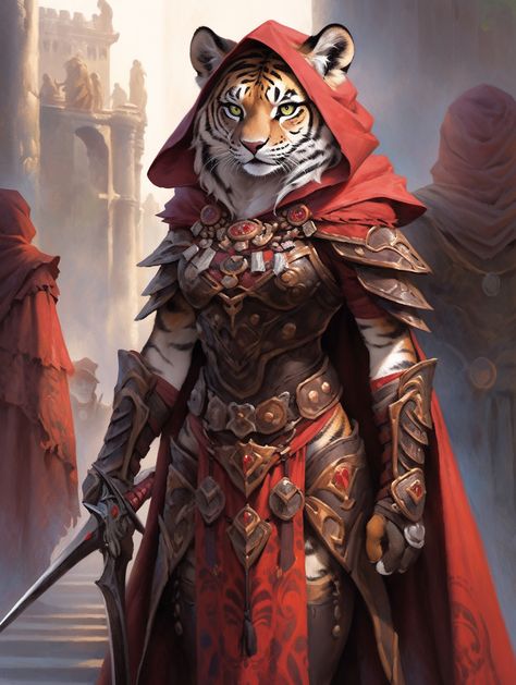 Tiger Tabaxi Female, Tiger Warrior Character Design, Tiger Fursona Art, Werecat Female, Tabaxi Paladin, Tabaxi Fighter, Tiger Fursona, Female Tiger, Dnd Paladin