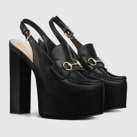 Shop the Women's Horsebit platform loafer slingback in black at GUCCI.COM. Enjoy Free Shipping and Complimentary Gift Wrapping. Loafer Slingback, Sophisticated Shoes, Gucci Horsebit Loafers, Gucci Pumps, Gucci Heels, Black Platform Shoes, Shoes Gucci, Gucci Horsebit, Platform Loafers