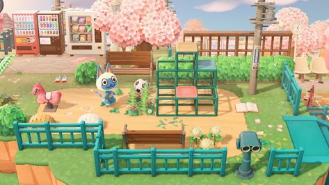 Playground Ideas Animal Crossing, Animal Crossing Playground Design, Animal Crossing Playground Ideas, Animal Crossing Island Beach Ideas, Animal Crossing Shore Ideas, Animal Crossing Pier Ideas, Animal Crossing Park Ideas, Acnh Playground Idea, Animal Crossing Playground