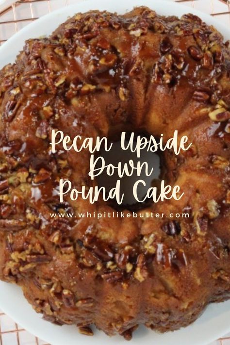 This pound cake has a pecan pie topping and a batter with pecan streusel creating the perfect combination of cake and pecan pie. Pecan Pie Bundt Cake Recipe, Eggnog Pound Cake Recipe, Pecan Pie Pound Cake, Butter Pecan Pound Cake Recipe, Pecan Upside Down Cake, Pecan Pie Topping, Pecan Pound Cake, Pie Topping, Butter Cake Cookies