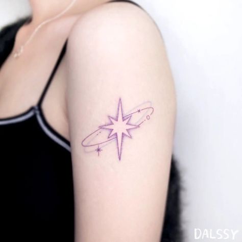 Star Tattoos On Shoulder, Tattoos On Shoulder For Women, Purple Tattoo Ink, Star Tattoo On Shoulder, Black Star Tattoo, Best Star Tattoos, Sun And Moon Tattoo Ideas, Tattoos On Shoulder, North Star Tattoos