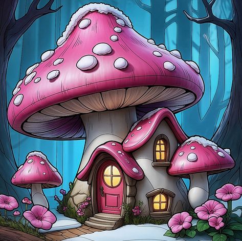 Toadstool House Drawing, Mushroom House Drawing Fairies, Fairy House Drawing Cottages, Mushroom Art Drawing, Cute Mushroom House, Fairy House Drawing, Balloon Centerpieces Diy, Color Pencil Illustration, Whimsical Art Paintings