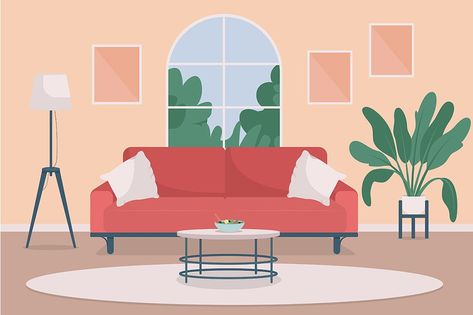 Cozy living room flat color vector illustration. Lifestyle and indoor relaxation. Residential household with furniture. Home 2D cartoon interior with modern furnishing on background . If you are interested in custom design or want to make some adjustments to purchase the product, don't hesitate to contact us! bsd@bsdartfactory.com Cartoon Interior, Living Room Flat, Living Room Vector, Living Room Cartoon, Living Room Illustration, 2d Cartoon, Web Design Marketing, House Vector, Household Furniture