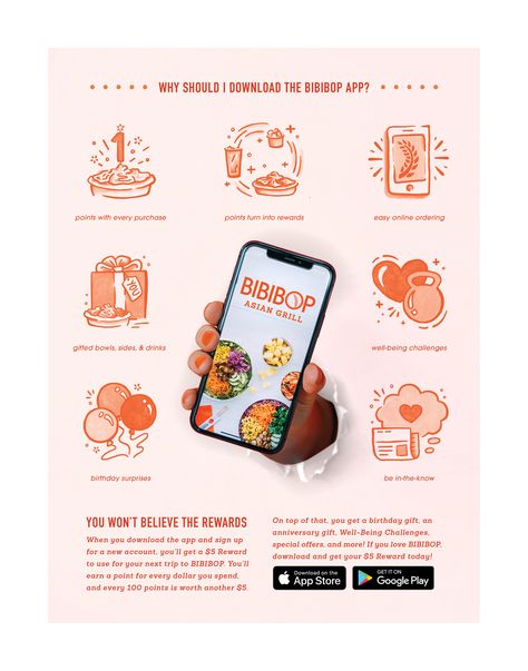 Creative direction and development for the launch of BIBIBOP Asian Grill's app update included digital layout, illustration, and UX design. New Launch Poster Design, New App Launch Creative Ads, App Launch Campaign, App Launch Poster, Website Launch Poster, Asian Grill, Layout Illustration, App Launch, Hiring Poster