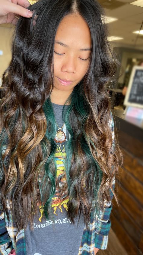 Dark Brown Hair With Teal Highlights, Under Highlights Hair Brown, Teal Peekaboo Hair, Teal Highlights In Brown Hair, Teal Peekaboo, Peekaboo Balayage, Balayage On Dark Brown Hair, Teal Highlights, Peekaboo Hair