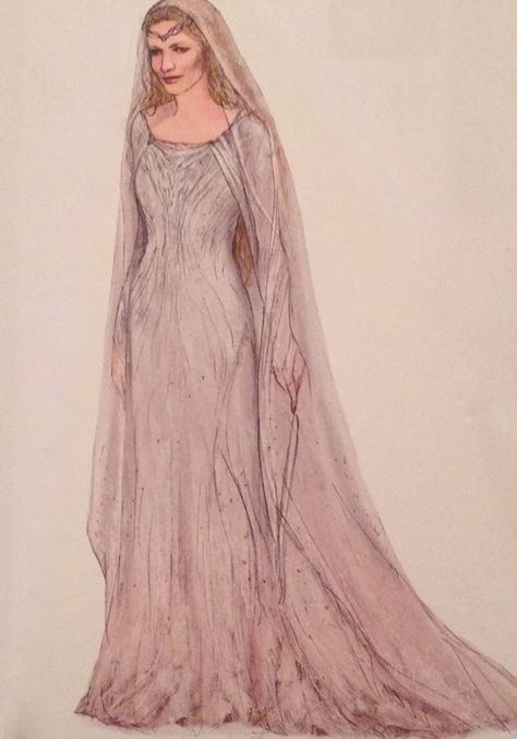 Concept art for Lady Galadriel from "The Hobbit: An Unexpected Journey" (2012).  The wardrobe created for the actress for the Hobbit trilogy was generally evocative of her gowns from the original trilogy in both color and cut. Galadriel Actress, Arwen Costume, Elven Costume, Game Of Thrones Dress, Lotr Costume, Long Flowing Dresses, Elven Dress, Middle Age Fashion, Star Wars Outfits