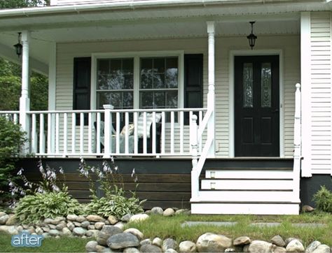 Black Lattice Under Front Porch, Porch Colors For White House, Porch Lattice Alternative, Porch Skirting, Porch Lattice, Beach House Deck, Skirting Ideas, Front Porch Deck, White Farmhouse Exterior