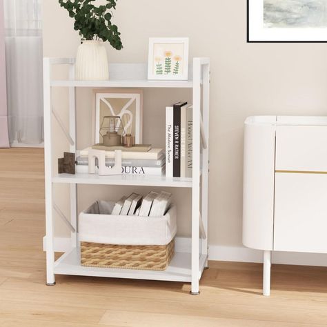 Yorgen Etagere Bookcase Bookshelf For Small Spaces, Small Bookshelves, Small Storage Shelves, Narrow Bookshelf, Living Room Stands, White Bookshelves, Open Bookshelves, Bookcase Organization, Small Bookshelf