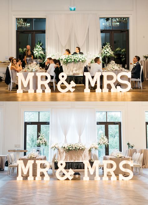 Wedding Head Table Round, Mr & Mrs Wedding Table, Bridal Party Seating Head Tables, Wedding Marquee Letters Sweetheart Table, Sweetheart Table And Bridal Party, Head Table With Wedding Party, Bridal Table Decorations Elegant, Mrs And Mr Wedding Table, Mr And Mrs Letters Wedding