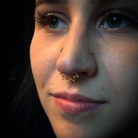 Septum, Paired High Nostrils & a True Lip Piercing featuring all 14k Yellow Gold Pieces. Paired High Nostrils, Mouth Piercings, Lip Piercing Jewelry, Piercing Chart, Double Ear Piercings, Lip Piercings, Face Jewelry, Diy Easter Gifts, Face Jewellery