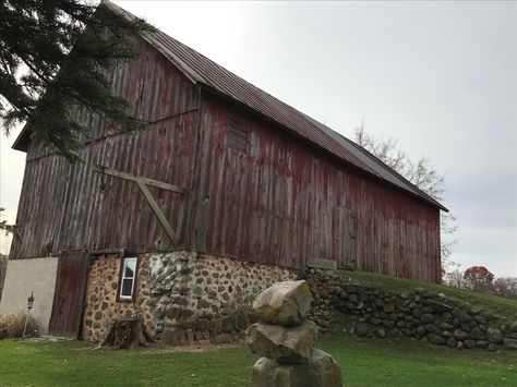 fieldstone foundation for both the barn and the access! Fieldstone Foundation, Barn Foundation, Roof Cap, Stone Buildings, Wood Barn, Farm Stuff, Western Rustic, Barn Design, Industrial Modern