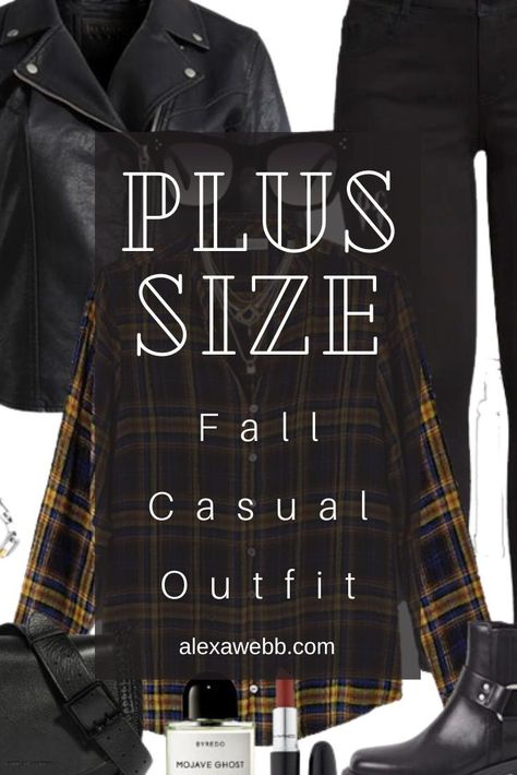 Plus Size Plaid Shirt Outfit - A plus size casual outfit for fall with a black plaid shirt, black skinny jeans, and moto boots by Alexa Webb. All Black Outfit Plus Size, Black Plaid Shirt Outfit, Plaid Shirt Outfit Women, Plus Size Flannel Outfits, Plaid Top Outfit, Plus Size Plaid Shirt, Short Boots Outfit, Plaid Shirt Outfit, Black Shirt Outfits