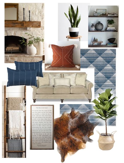 Navy Blue And Cowhide Living Room, Blue Desert Living Room, Navy Southwest Decor, Grey Blue And Rust Living Room, Navy Tan And White Living Room, Indigo Living Room Decor, Western Blue Living Room, Neutral With Navy Living Room, Navy And Earth Tones Living Room