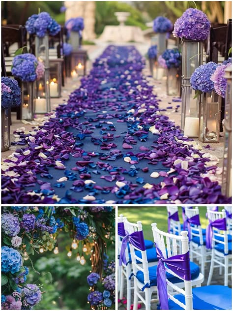 Blue And Purple Wedding Aisle, Navy Blue Purple Green Wedding, Midnight Blue And Lavender Wedding, Blue Purple Quinceanera Theme, Dark Blue And Purple Wedding Decorations, Royal Blue Purple And Silver Wedding, Wedding Decor Purple And Blue, Galaxy Centerpiece Ideas Wedding, Lilo And Stitch Themed Wedding