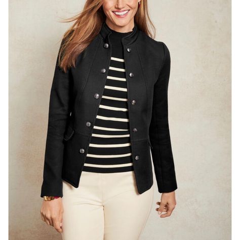 Talbots Ashley Twill Military Double Buttons Front Blazer Jacket /Sz:2/Nwt Brand New With Tags! Size:2/Armpit To Armpit:17.5”/Length:22.5”/Sleeves:23” Color: Black Gorgeous And Chic Military Style Blazer Jacket/Hook And Eye Closure/Two Front Pockets! If You Have Any Questions Please Let Me Know Via Message! Please Read The Description And Check Measurements Before Purchase! Happy Shopping! Military Blazer Outfit, Denim Blazer Jacket, Military Blazer, Light Blue Jacket, Blazer Outfits For Women, Coats Black, Style Blazer, Fall Winter Wardrobe, Twill Jacket