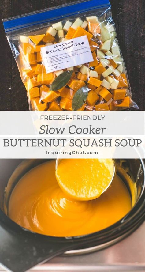 Butternut Squash Soup Slow Cooker, Slow Cooker Butternut Squash Soup, Slow Cooker Butternut Squash, Vegan Freezer Meals, Freezer Soups, Vegetarian Freezer Meals, Frozen Butternut Squash, Freezer Friendly Meals, Freezable Meals