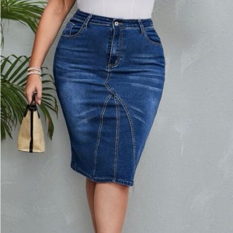 Shein-Dark Wash, High Waisted, Midi, Pencil Skirt. Zip And Button Closure. High Stretch Material. New Without Tags. Size 3x Or 18. Shein Skirts, Jean Pencil Skirt, Midi Pencil Skirt, Work Suits, Jean Skirt, Women Skirts Midi, Pencil Skirt, Midi Skirt, Womens Skirt