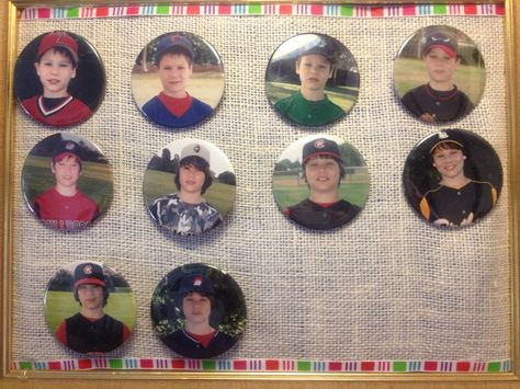 Sports button display-'picture frame, rigid backing, burlap, then glue ribbon around perimeter. Sports Pictures Display, Buttons Ideas, Button Display, Soccer Ideas, Button Projects, Year Planning, Pin Ideas, Photo Buttons, Celebrating Life