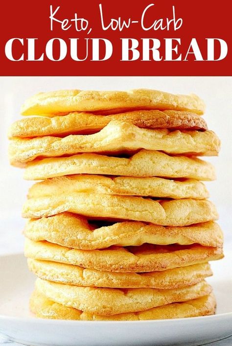 Cloud Bread Recipe - low-carb, high-protein, gluten-free substitute for bread, made with just 3 ingredients. Fluffy, light, delicious and perfect for sandwiches! Great for keto diet. #keto #lowcarb #cloudbread Substitute For Bread, Candy Brownies, Bread Tips, Keto Cloud Bread, Cloud Bread Recipe, Gluten Free Substitutes, Bread Substitute, Bread Designs, Fluffy Light