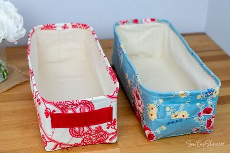 Easy Sewing Tutorial for the Perfect Rectangle Basket - free! | She Sews! | Bloglovin’ Rectangle Basket, Fabric Basket Tutorial, Free Sewing Patterns, Sew Ins, Sewing Tutorials Free, Fabric Boxes, Sewing Baskets, Small Sewing Projects, Fabric Baskets