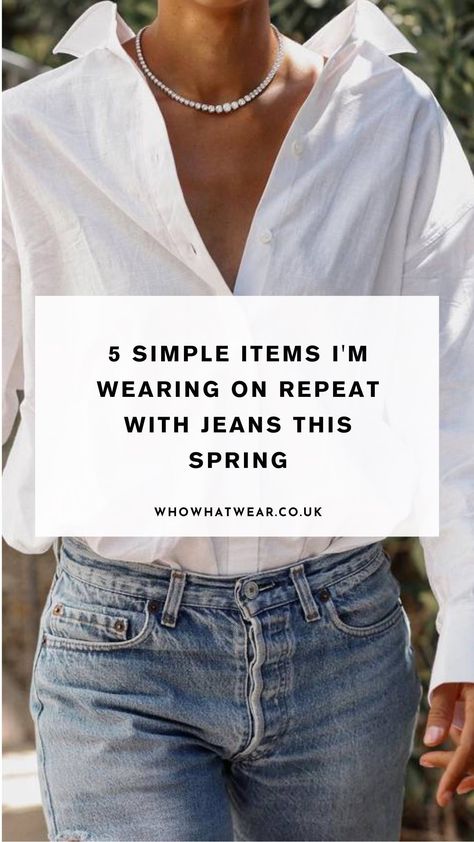 Since denim is always on heavy rotation in my wardrobe for spring, I rounded up five simple items to wear with jeans this season. Click to see more. Denim Shirt Outfit, Neutral T Shirts, Vintage Knitwear, Denim Outfits, Resort Shirt, Leather Gladiator Sandals, Classic Trench Coat, Jean Belts, Crisp White Shirt