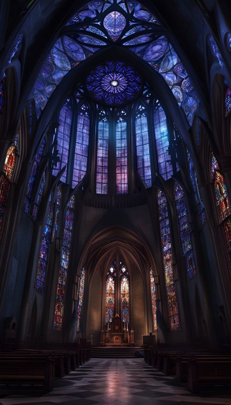 Interior of a gothic cathedral with huge epic colorful stained glass windows