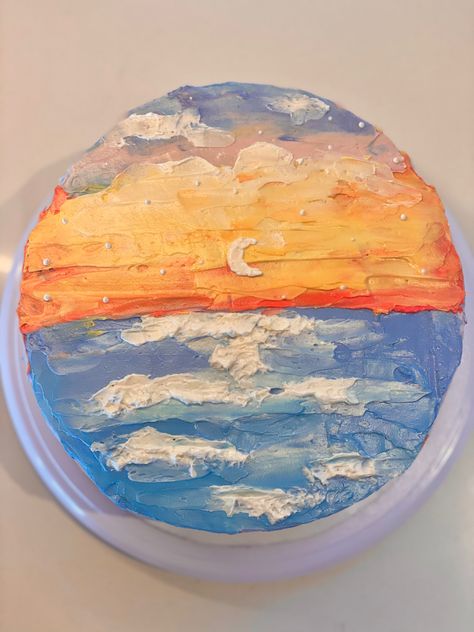 Sunset Cake Design, Sunset Birthday Cake, Ocean Cake Ideas, Sunrise Cake, Sunset Cake, Paint Cake, Ocean Cake, Fishing Cake, Malibu Sunset