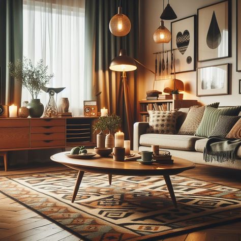 Cozy Mid Century Modern Living Room Retro Coffee Table 1976 Home Decor, Rustic Midcentury Modern Living Room, Earthy Mcm Living Room, Living Room Decor Cozy Farmhouse Style, Coffee Living Room Ideas, Mid Centric Modern Living Room, Industrial Mcm Living Room, Mcm Fireplace Decor, Mcm Coffee Table Decor