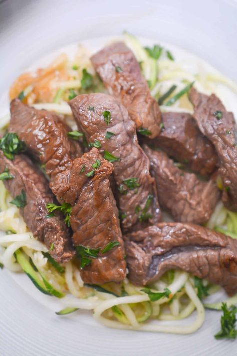 Garlic and Butter Steak with Zucchini Noodles Noodles And Company Buttered Noodles, Noodles With Steak, Hot Side Dishes, Cold Sides, Kinds Of Steak, Noodles And Company, Butter Steak, Easy Stir Fry, Stir Fry Dishes