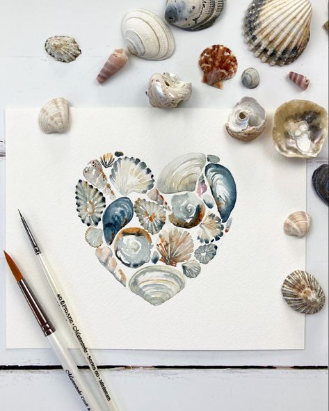 Painting Of Shells, Seashell Watercolor Painting, Watercolour Valentine Cards, Shell Valentines, Sea Shells Watercolor, Watercolor Easter Cards Watercolour, Watercolour Valentines, Valentines Card Ideas, Watercolour Seashell