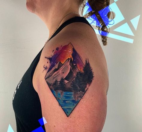 Mountain And Sunset Tattoo, Sunset Over Mountains Tattoo, Mountain Tattoo Color, Color Mountain Tattoo, Geometric Mountain Tattoo Color, Cascade Mountain Range Tattoo, Geometric Landscape Tattoo, Bite Mark Tattoo, Watercolor Mountains Tattoo