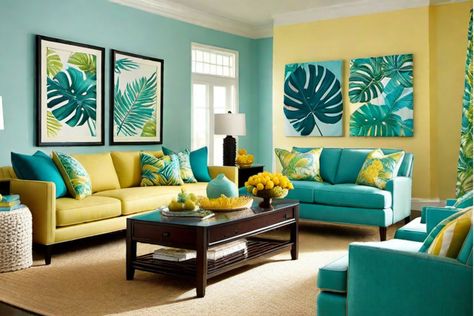 Bright living room with yellow and teal furniture, tropical leaf artwork, and natural light. Living Room Paint Trends, Living Room Wall Color Ideas Bright, Interior Paint Ideas Living Room, Living Room Paint Ideas, Room Paint Ideas, Living Room Paint Colors, Living Room Paint Color Ideas, Living Room Paint Color, Paint Trends