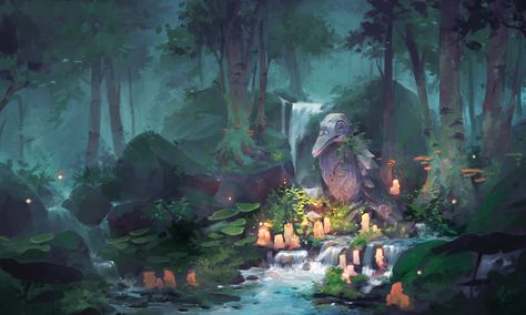 Fantasy Statue, Spring Forest, Fantasy Places, D&d Dungeons And Dragons, Forest Art, Art Base, Cute Creatures, Fantasy Landscape, Giclee Art