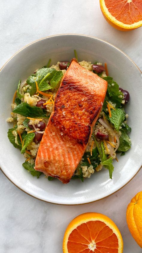 Honey Glazed Salmon Recipe, Jake Cohen, Seared Salmon Recipes, Orange Vinaigrette, Quinoa Bowls, Creamy Avocado Sauce, Marinated Salmon, Seafood Entrees, Vinaigrette Recipe