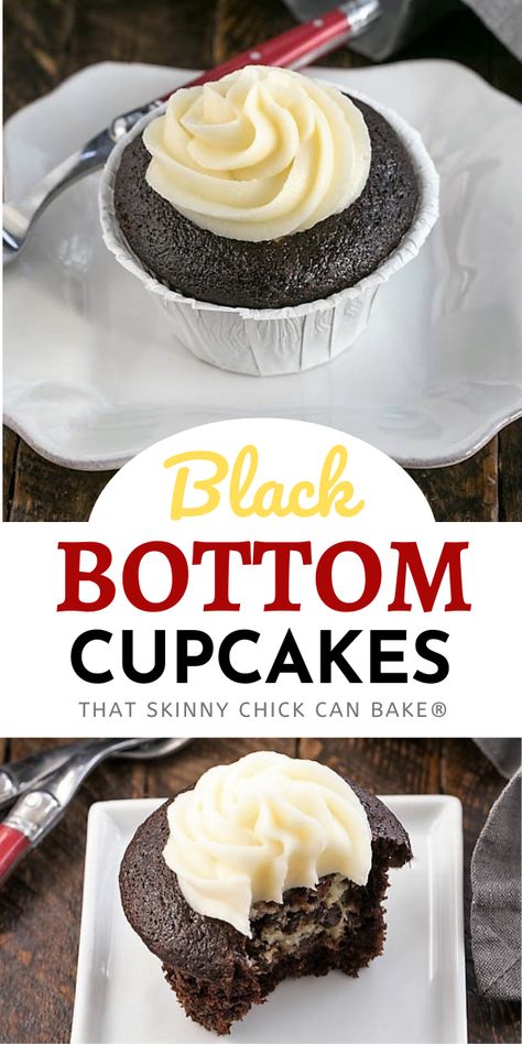 Frosted Black Bottom Cupcakes - Cocoa Cupcakes with a chocolate chip studded cream cheese filling and a swirl of dreamy cream cheese frosting. A perfect dessert for both chocolate and cheesecake lovers! Black Bottom Cupcakes With Frosting, Black Bottomed Cupcakes, Blackbottom Cupcakes Easy, Chocolate Cupcakes With Cream Cheese Filling, Cupcakes With Cream Cheese Filling, Chocolate Cream Cheese Cupcakes, Cocoa Cupcakes, Black Bottom Cupcakes, Cream Cheese Cupcakes