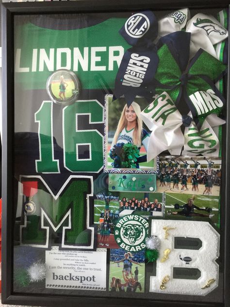 High School Sports Letter Display, Football Shadow Box Ideas High Schools, What To Do With High School Varsity Letters, Sport Shadow Box Ideas, High School Letter Shadow Box Ideas, Senior Cheer Shadow Box Ideas, Cheerleader Shadow Box Ideas, Letterman Shadow Box Ideas, Cheerleading Shadow Box Ideas